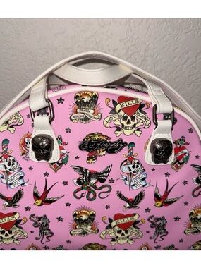 Ed Hardy Pink Tattoo-Print Dome Satchel with White Handles
